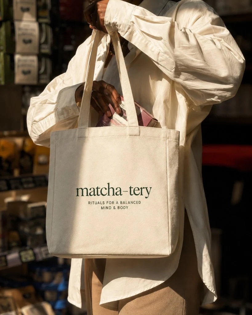 Tote Bag Matcha-tery en interior, lona crema. Cuerpo 32 cm de ancho × 32 cm de alto × 10 cm de fondo; el alto no incluye las asas.